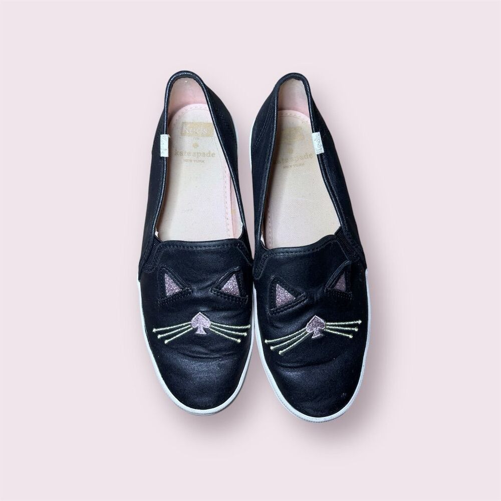 Kate Spade x Keds Women's Black Cat Slip-On Shoes Size 5 Casual Flats